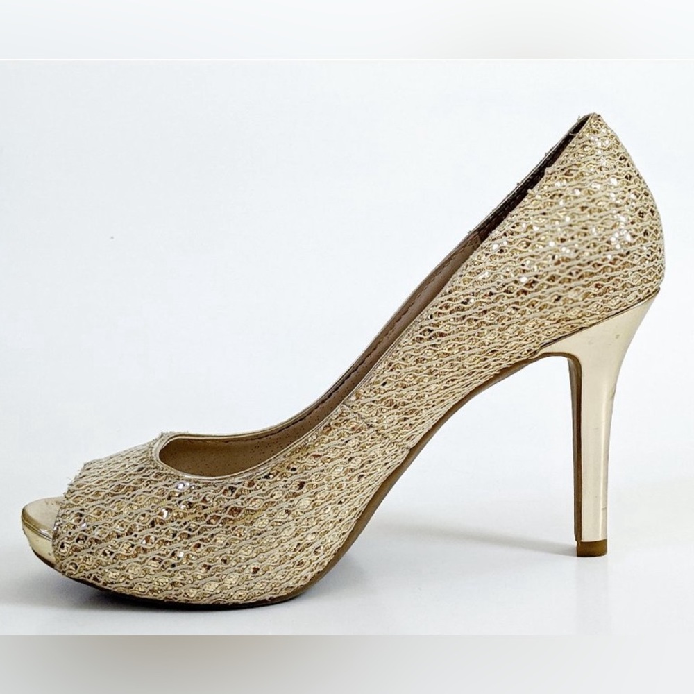 Audrey Brooke Open Toe Gold Heels | Women's Size 10
